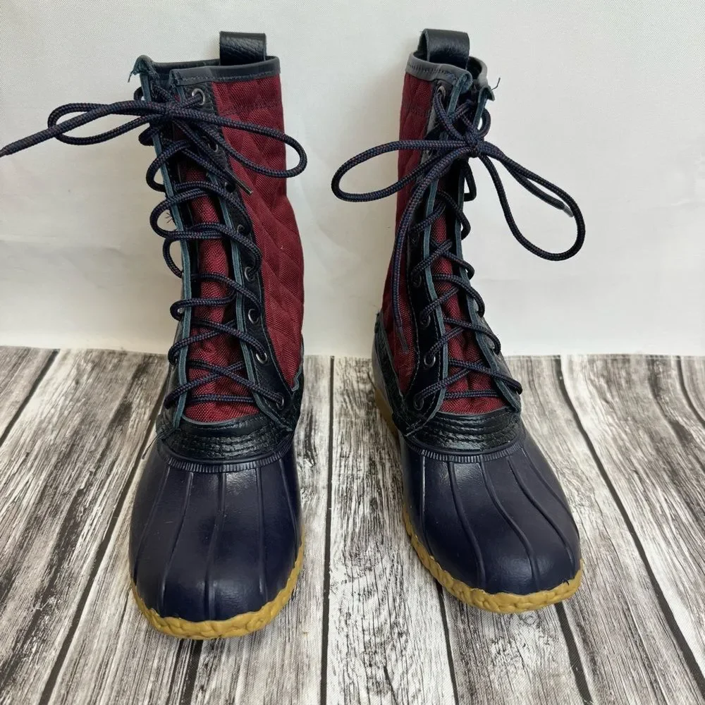 Women's LL Bean Explore the Maine Quilted Duck Boots 6 Navy Burgundy Tan